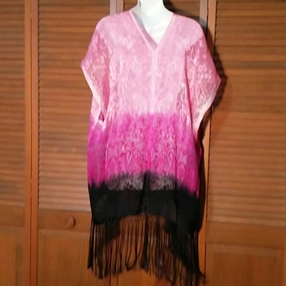 Pink silk hand dyed ombre burnout fringed kimono Boho-chic hippie - Picture 3 of 8